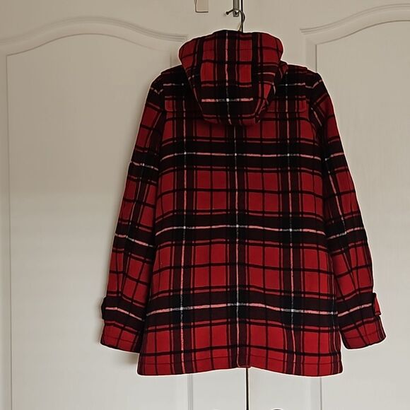 Gap Wool Blend Buffalo Plaid Hoodie Coat With Toggle Buttons Small Red & Black - Picture 4 of 16